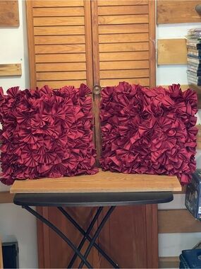 Ruffled Decorative Throw Pillows - Burgundy Pair